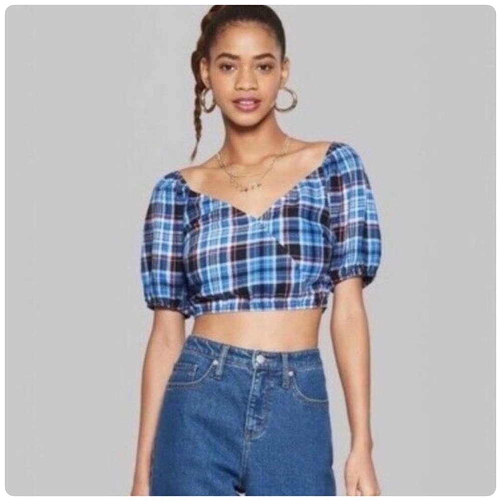 Wild Fable Plaid Puff Sleeve Crop Top